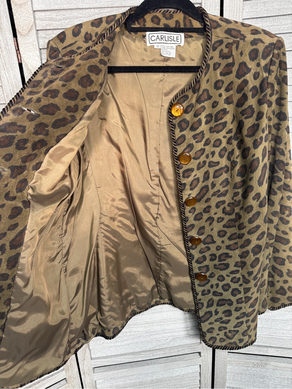 Carlisle 100% Suede Leopard Jacket Rope Trim Sz 14 MobWife Vintage Glam - Picture 7 of 11